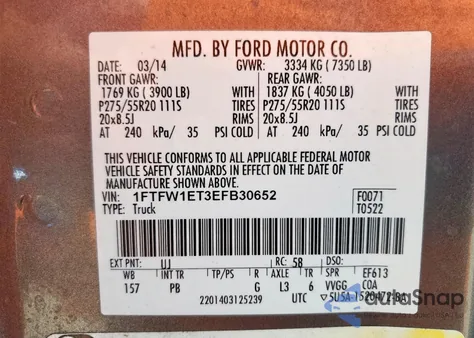 2014 Ford F150 Supercrew z USA, uszkodzony, nr VIN 1FTFW1ET3EFB30652